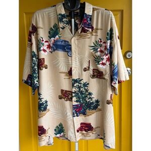 Puritan Mens 3XL Tan Hot Rod Classic Car Tropical Rayon Button Up Shirt